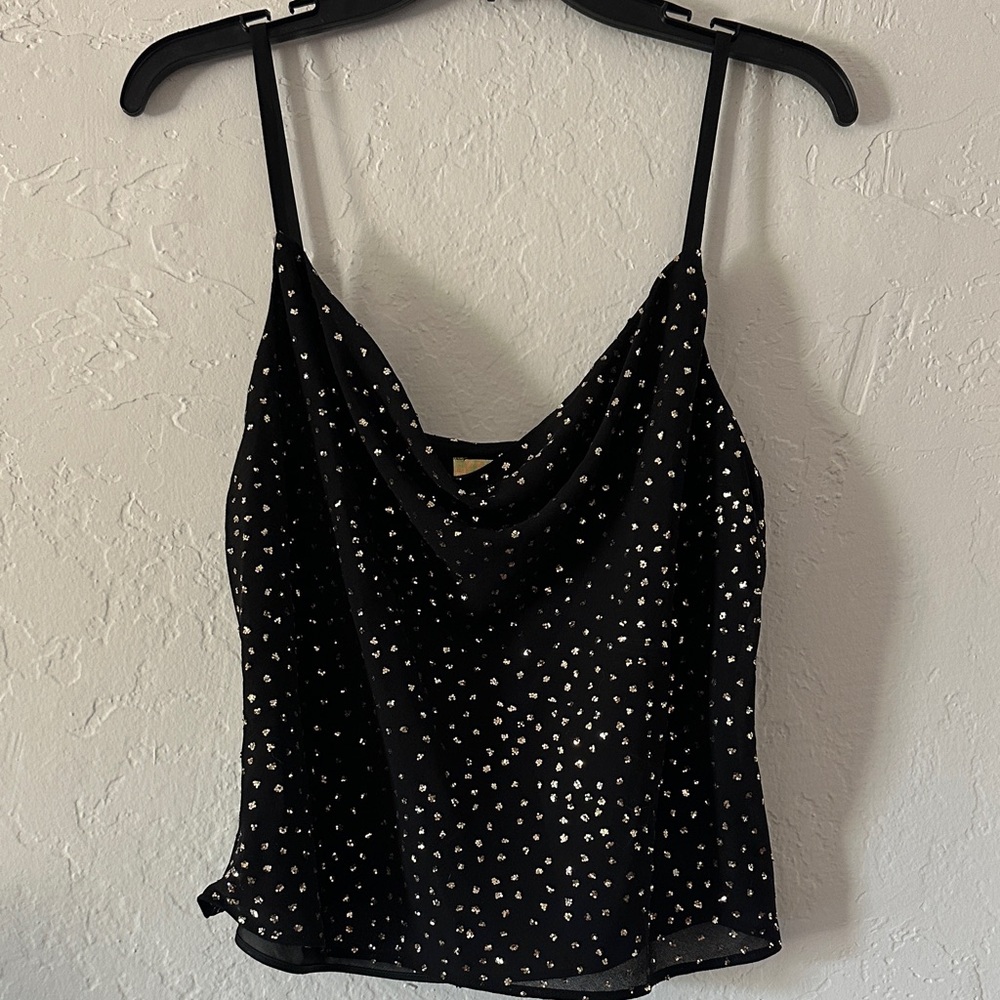 H&M‎ Black Cowl Neck Cami – US 8, Metallic Mini Floral Detail, Y2K Party Tank